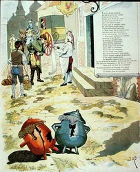 Ilustración para El cántaro de barro y la olla de hierro, de Fábulas de Jean de La Fontaine (1621-95)